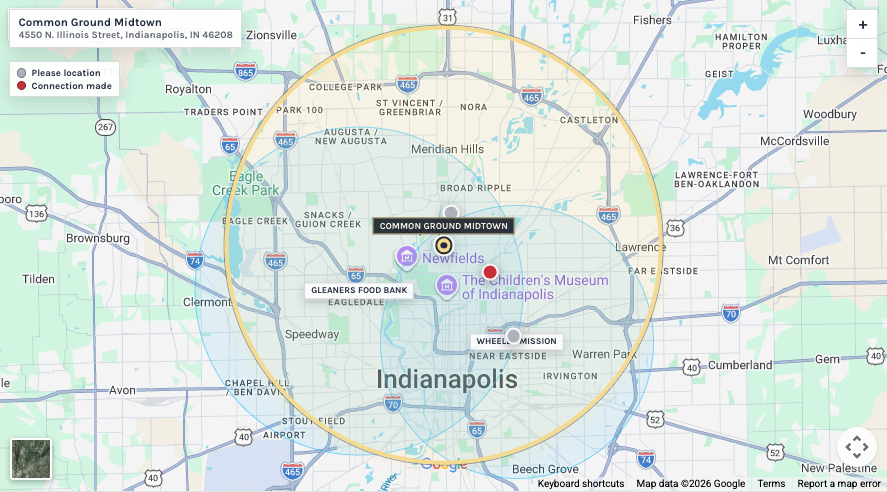 Map centered on Common Ground Midtown in Indianapolis.